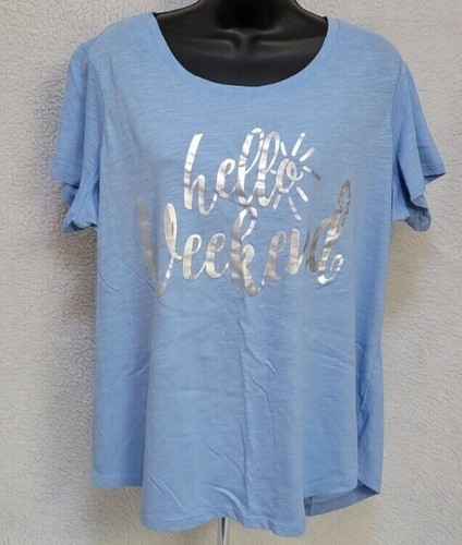 Relativity Womens Shirt Top Blouse Size 1X Blue Silver Hello Weekend