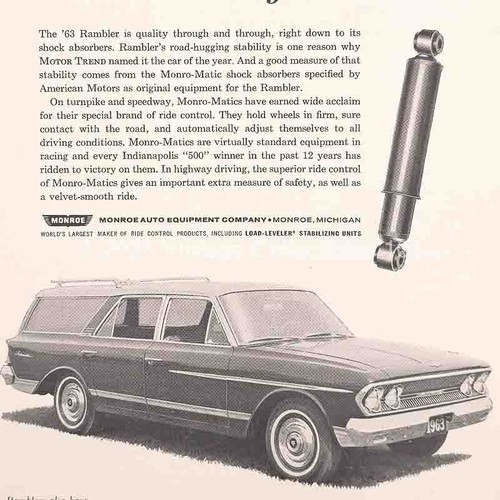 1963 Monroe Auto Monro-Matic Shocks Rambler Wagon car art vintage advertising