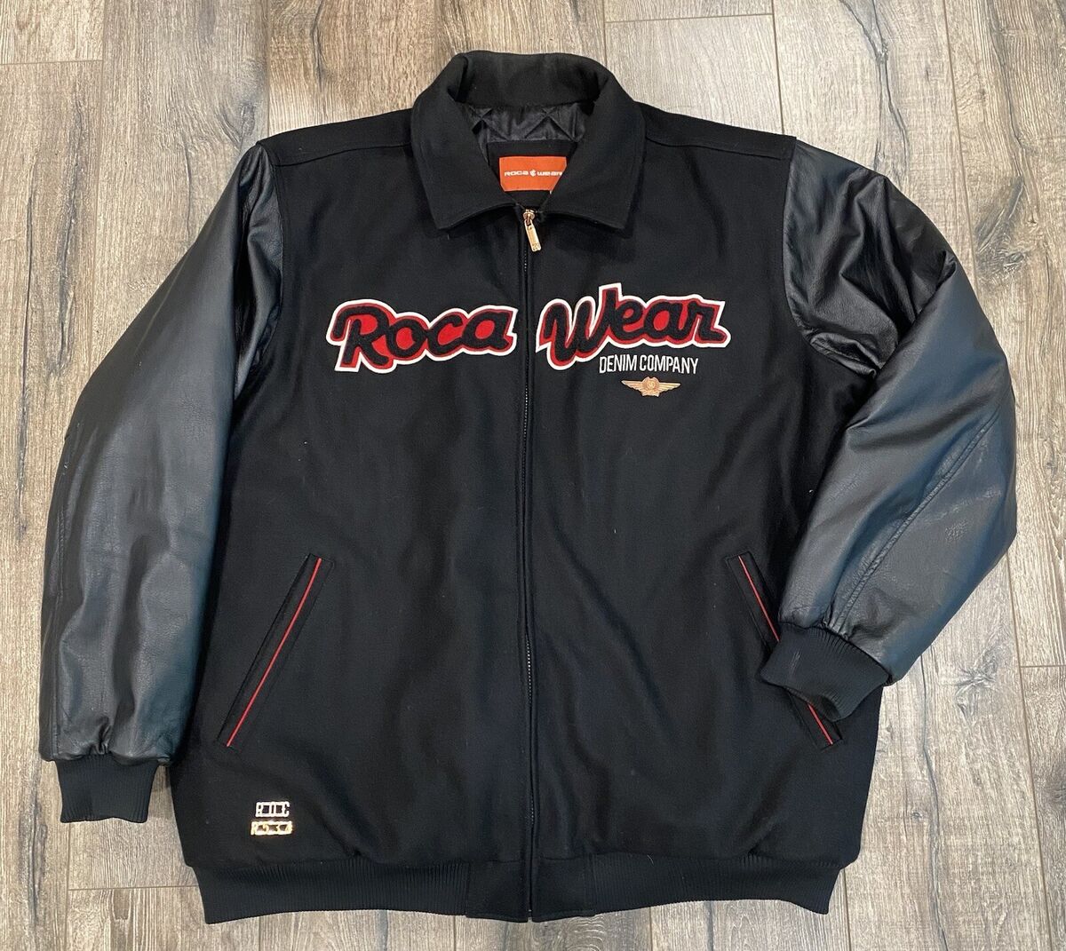 Vintage Rocawear Denim Varsity Black Leather Full Zip 4XL Vintage Rocawear Denim Varsity Black Leather Full Zip 4XL