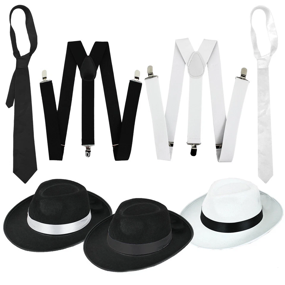 ILOVEFANCYDRESS ADULTS GANGSTER HAT, TIE & BRACES SET 1920'S GATSBY FANCY DRESS AL CAPONE MAFIA