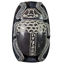 Egyptian Soapstone Scarab Beetle Hieroglyphics Paperweight Black Grey Décor 5"