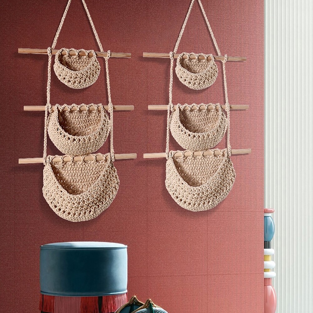 Folkulture 3 tiers hanging fruit basket for kitchen, macrame hanging basket for fruits and vegetables, boho wall baskets for organizing, boho decor for indoor plants, 46 inches tall