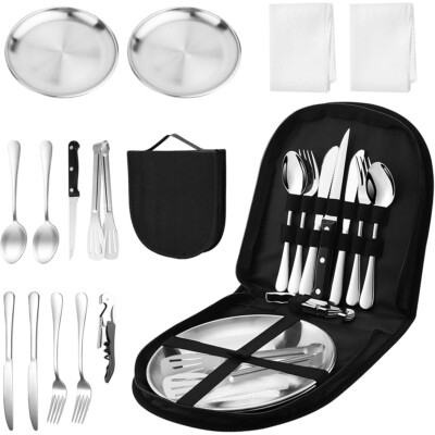 Campingbesteck Set Für 2 Personen, 14Pcs Picknick Geschirr Set Edelstahl Outdoor