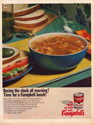 1966 Campbell's Vegetable Soup Print Ad Lunch Sandwich Bowl Spoon Steaming Hot