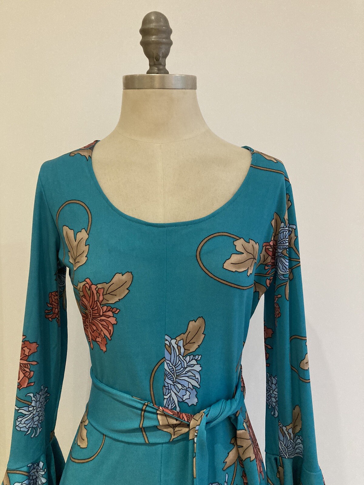 1970s Turquoise Floral Dress by Laura Lee, Jamaica, 19" pit to pit approx. 2