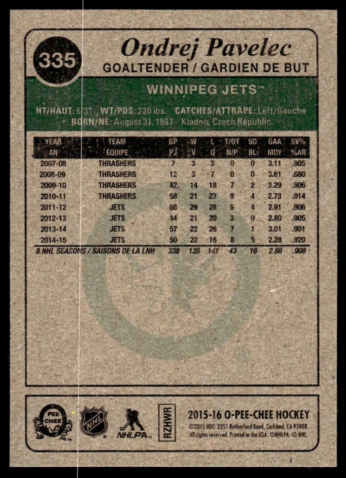 2015-16 O-Pee-Chee Retro Ondrej Pavelec Winnipeg Jets #335 R67 - Image 2 of 2