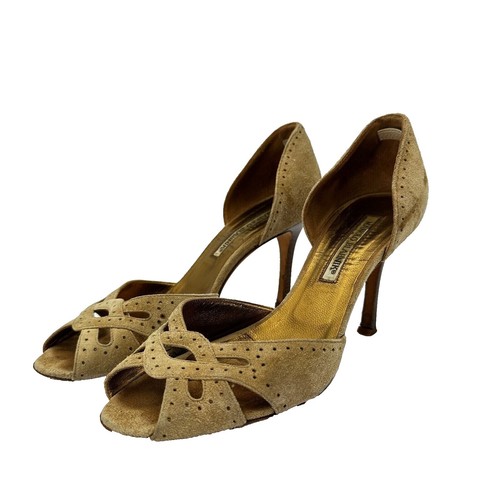 Manolo Blahnik Pumps 38 US8 Red Suede Mesh Scalloped Pointed Toe