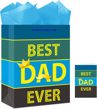 13" Fathers Day Gift Bag Large Best Dad Ever Gift Bag with Tissue Paper Fathers