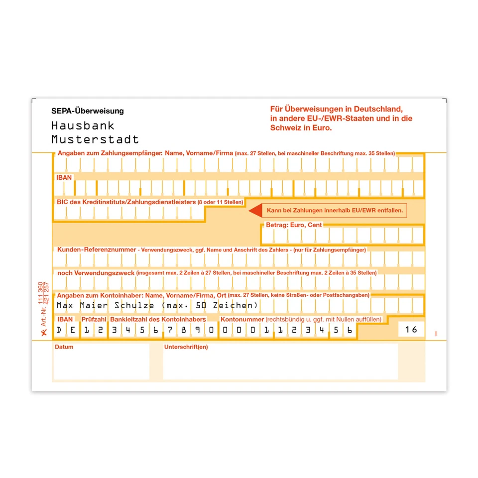 LITFAX Personalisierte - SEPA Überweisungen Überweisungsträger 1-fach - Bankformulare