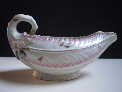 First Period 18th C Worcester Nature Decorated Twig Handle Footed Sauceboat