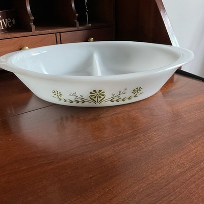 Vintage Glasbake Divided Casserole Dish Primrose Dream Green Daisy Flowers 12''