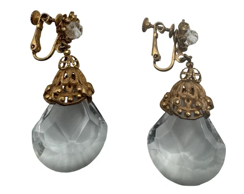 Miriam Haskell Vintage Gold Tone Crystal Drop Earrings