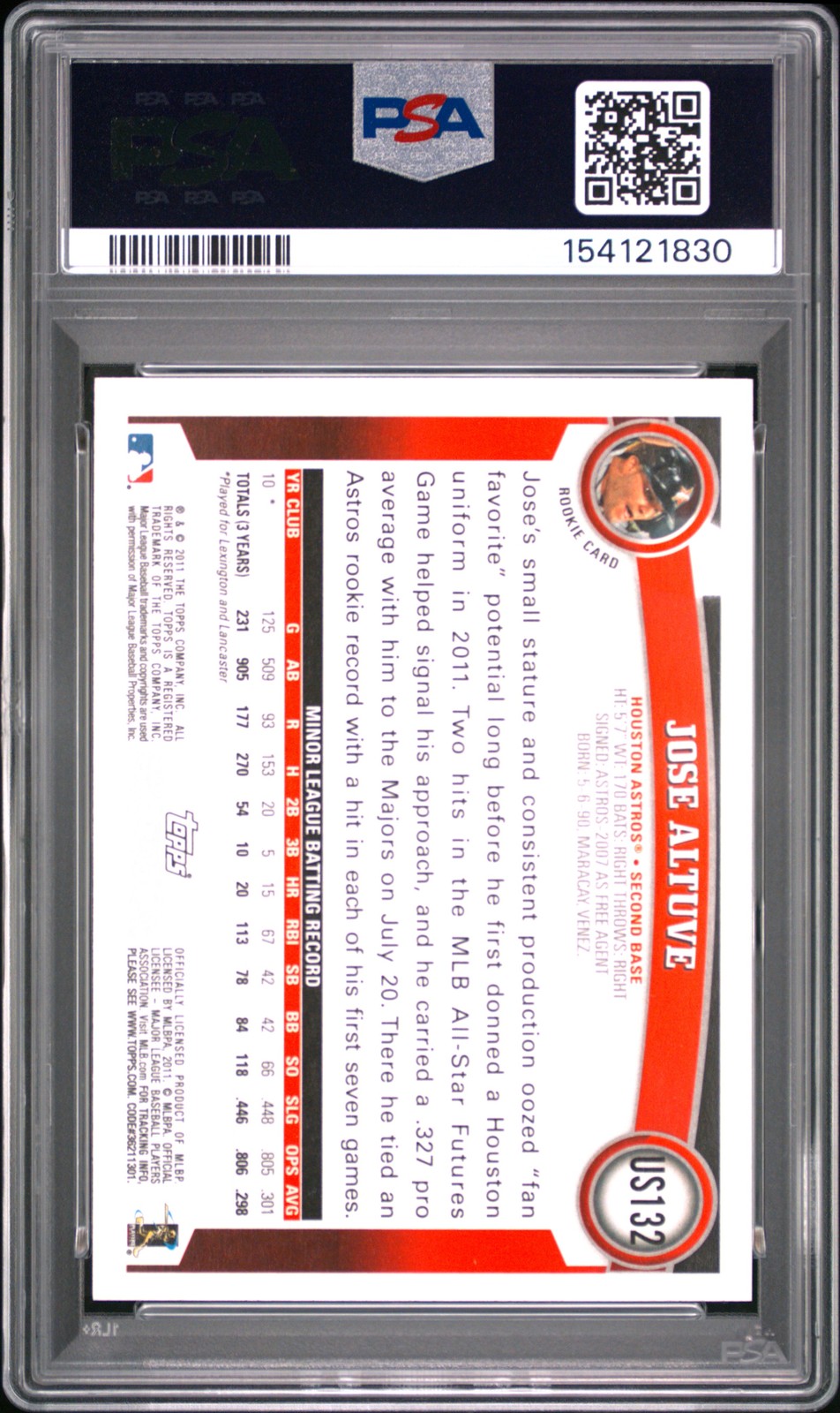 2011 TOPPS UPDATE TARGET RED BORDER #US132 JOSE ALTUVE ROOKIE RC PSA 9 view 2