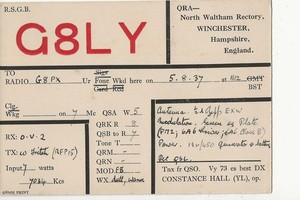 1937  G8LY  Hampshire England  Constance Hall  (YL)    QSL radio postcard