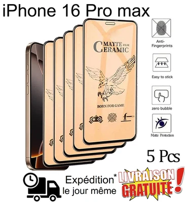 Pack 5 Films iPhone 16 Pro Max Anti Trace Mat Anti Reflet Ultra Résistant 9D - Photo 1/4