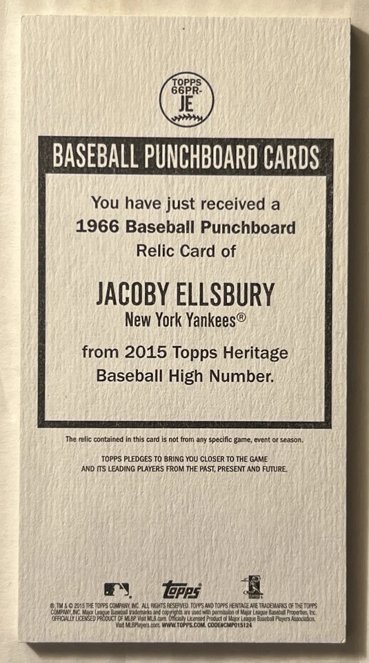 Jacoby Ellsbury 2015 Topps Heritage 1966 Punchboard Patch 04/25 Yankees Jumbo - Image 2 of 3