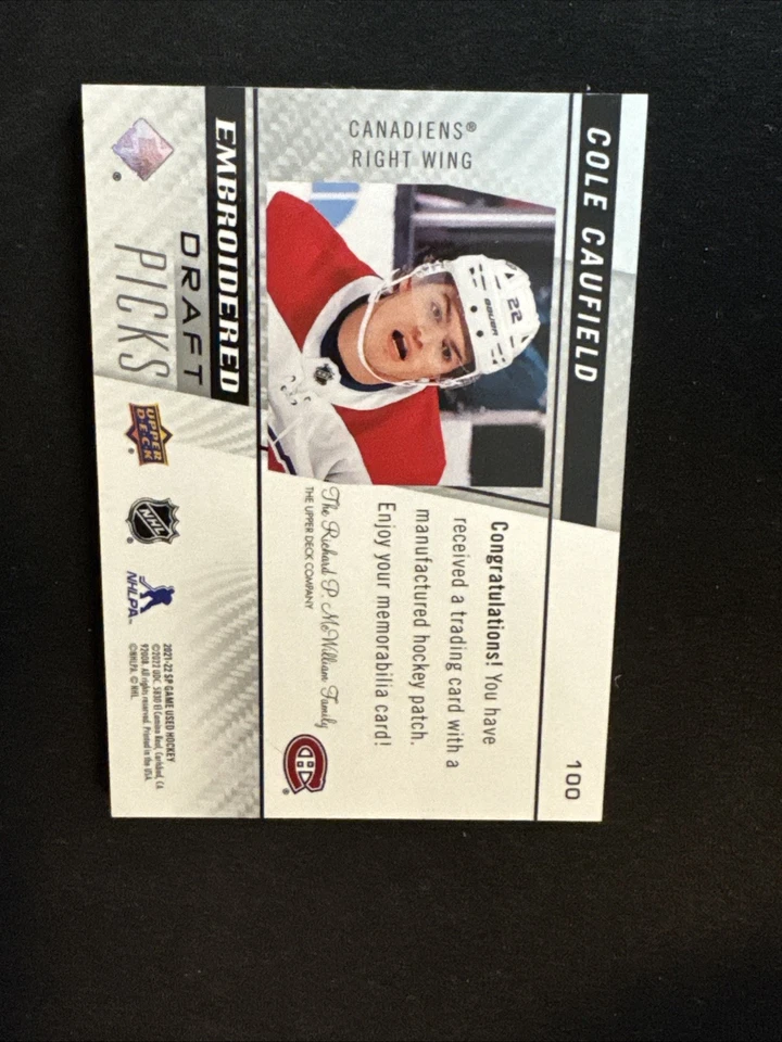 21-22 UD SP Game Used Hockey RC Embroidered Draft Picks 100 Cole Caufield - Image 2 of 2
