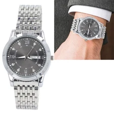 Metal Strap Men Watch Dual Calendar Date Day Display Business Luminous Rhineston