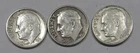 Lot of (3) 1961, 62, 63, D Mint Roosevelt 90% Silver Dimes-NR