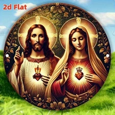 2D Flat, Sacred Heart of Jesus & Our Lady of St. Joseph 8x8 Inch Round Metal Wal