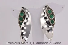 Native American Sterling Silver 59mm Malachite Pea Pod Clip On Earrings