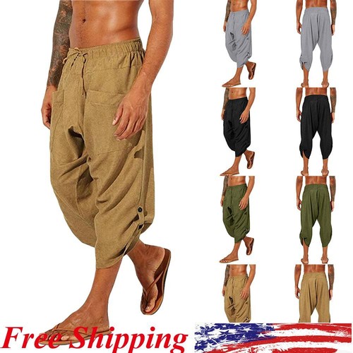 Mens Cotton Linen 3/4 Harem Pants Casual Baggy Loose Yoga Hippie Beach  Trousers | eBay