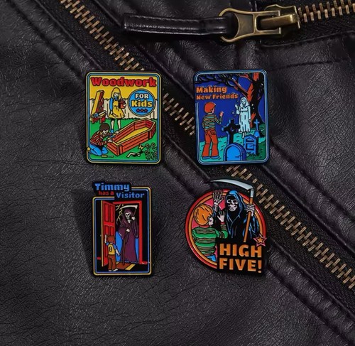 Steven Rhodes Style Pin Set 4pk Horror Fun Brooch Set Rubber Backer Pin Set Fun - Picture 2 of 5