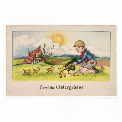 Artist postcard Easter / boy brings a hat with chick