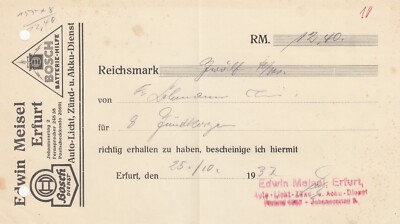 ERFURT, Quittung 1937, Edwin Meisel Auto-Licht Zünd-Akku-Dienst