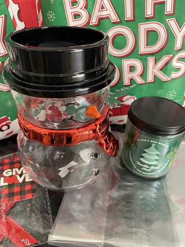 Bath Body Works Snowman Christmas Scarf Clear PEDESTAL Single Wick Candle Holder - Picture 2 of 7
