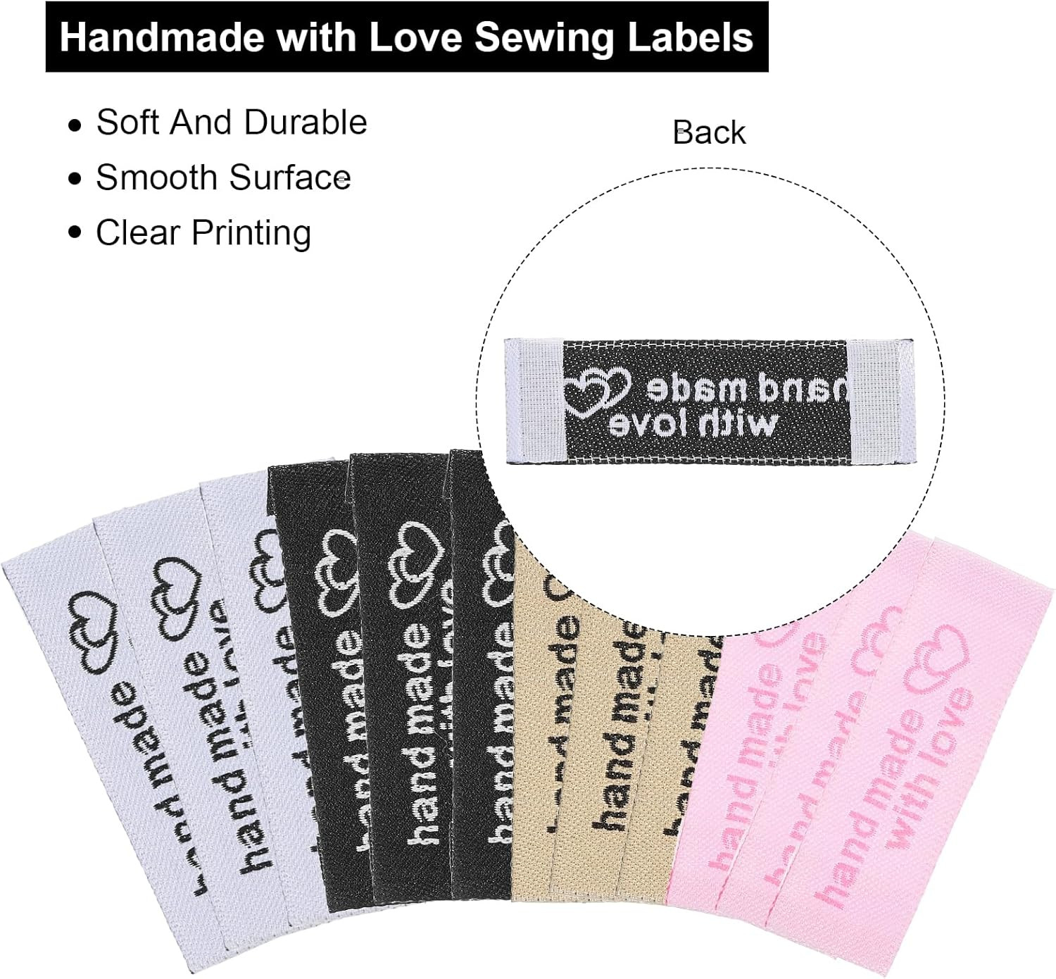 40Pcs Sewing Labels, Handmade with Love Labels Personalized Satin Embossed Tags 