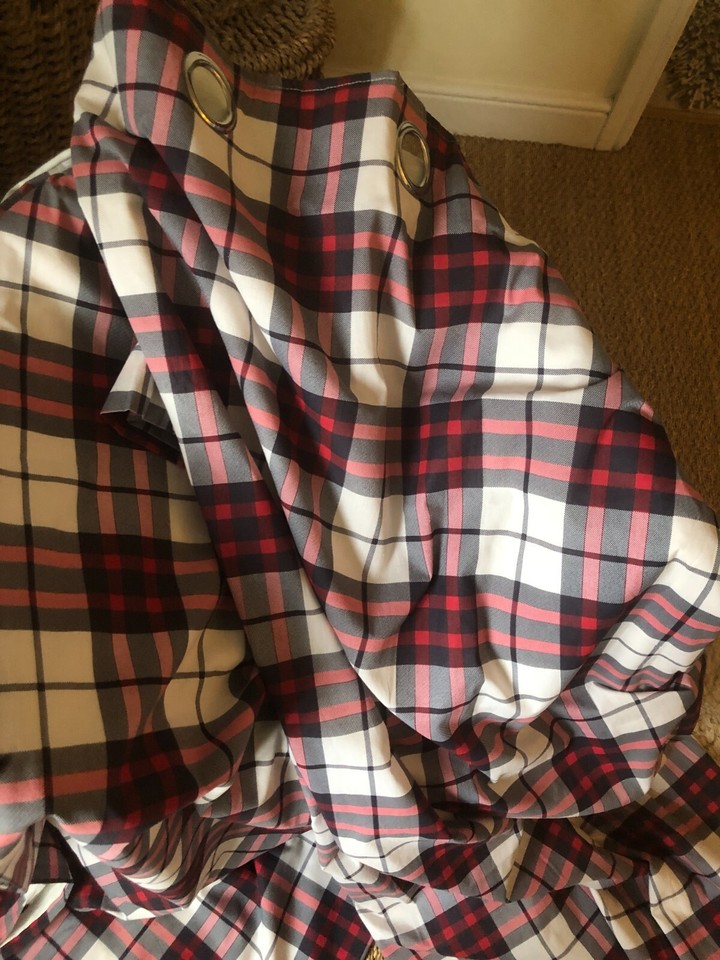 RED/NAVY/WHITE PLAID LOVELY EYELET CURTAINS BY CATERINE LANGSFIELD 66