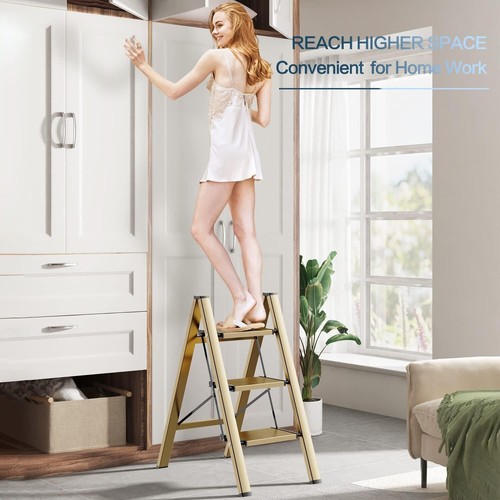 3-Step Aluminum Folding Ladder - Lightweight Gold Design, 330 lb Capacity - Picture 4 of 8