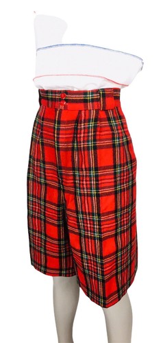 80s Vintage Red Tartan Plaid Wool Long High-Waist Culottes Shorts M/L/XL - Picture 6 of 9