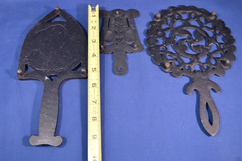 3 Vintage Cast Iron Trivets Grain & Tassel, Washington Tulip,Farmhouse