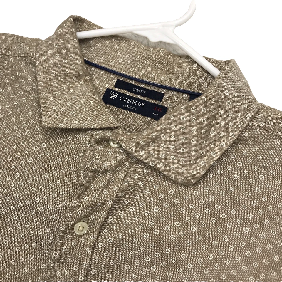 Cremieux Button Shirt Mens XX Slim Tan Geometric LINEN Pocket Short Sleeve Camp - Image 4 of 4