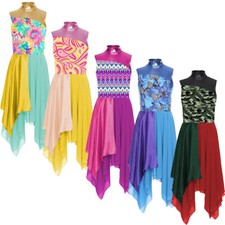 Women's Color Block Printed Dance Dress Sleeveless Irregular Lyrical Dancewear