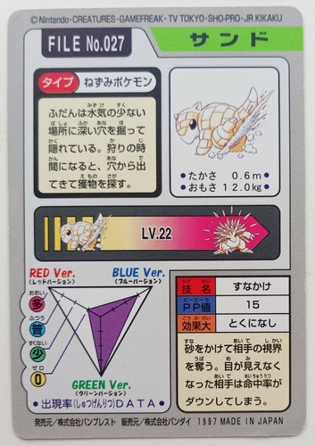 Carddass Sandshrew Japanese Pokemon card Nintendo Bandai Rare F/S No.027 1997 - Picture 6 of 11