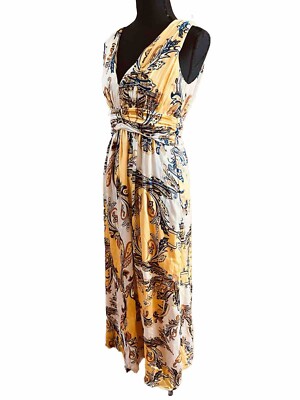 Cache Size 6 Yellow Paisley Maxi Sundress V-Neck, V-Back Dress BOHO Vintage  | eBay