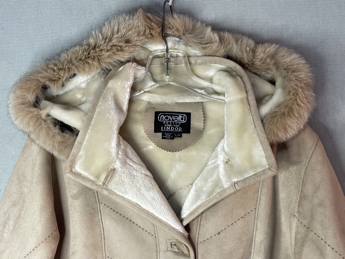 Novelti Womens Jacket Size Lg Hooded Coat Winter Soft Suede Feel Fur Trim