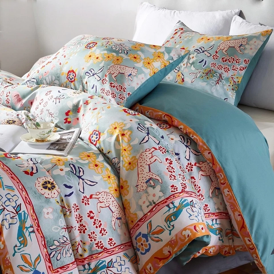 NEW Anthro Blue Jungle Multicolor Boho Queen / King Bedding Duvet & Sham Case - Image 3 of 4