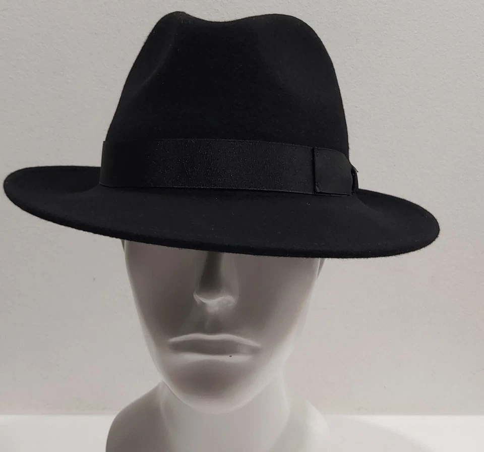 Chapeau Fedora En Laine, Noir, Bord Large, Tissé En Feutre, Made In Italy - Photo 2/4