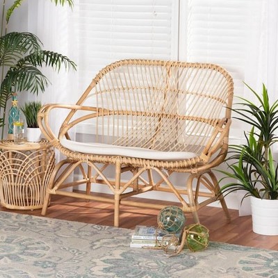 44.9  Natural Rattan Loveseat Sofa   2-Seater Boho Wicker Couch for Living Room 