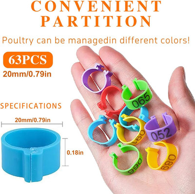 20mm 63Pcs Chicken Leg Bands, Poultry Identification Tags for Legs 001-063 Nu...