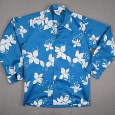 Vintage Paradise Hawaii Mens Blue Floral Long Sleeve Shirt Medium Loop Collar