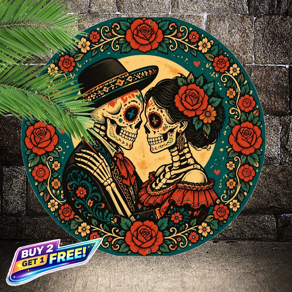 Day Of The Dead Skull Round Tin Sign 8x8 Mexican Folk Art Wall Decor