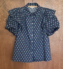 Anthropologie Entro Cotton Puff Sleeve  Ruffle Button Up Floral Top S EUC