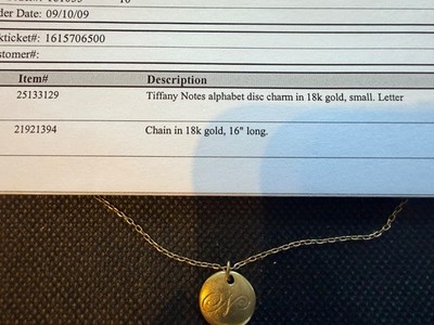 Authentic Tiffany & Co Notes Alphabet Disc Necklace N 18K Gold 16  Chain Paperwo