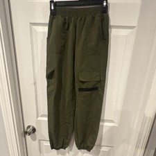 Olive Cargo Pants Polyester Waist Tapered Leg Pockets Flat Front