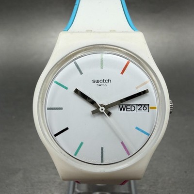 Swatch Edgyline Watch Men 34mm White Dial White Tone Daydate GW708 New Battery